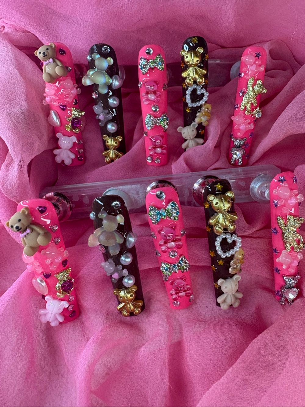 3D Teddy love 💕 Pink & Brown  Press-On Nails with Rhinestone Accents -